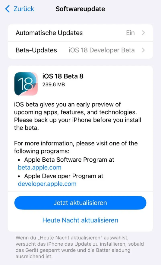 裕安苹果手机维修分享苹果 iOS / iPadOS 18 开发者预览版 Beta 8 发布 